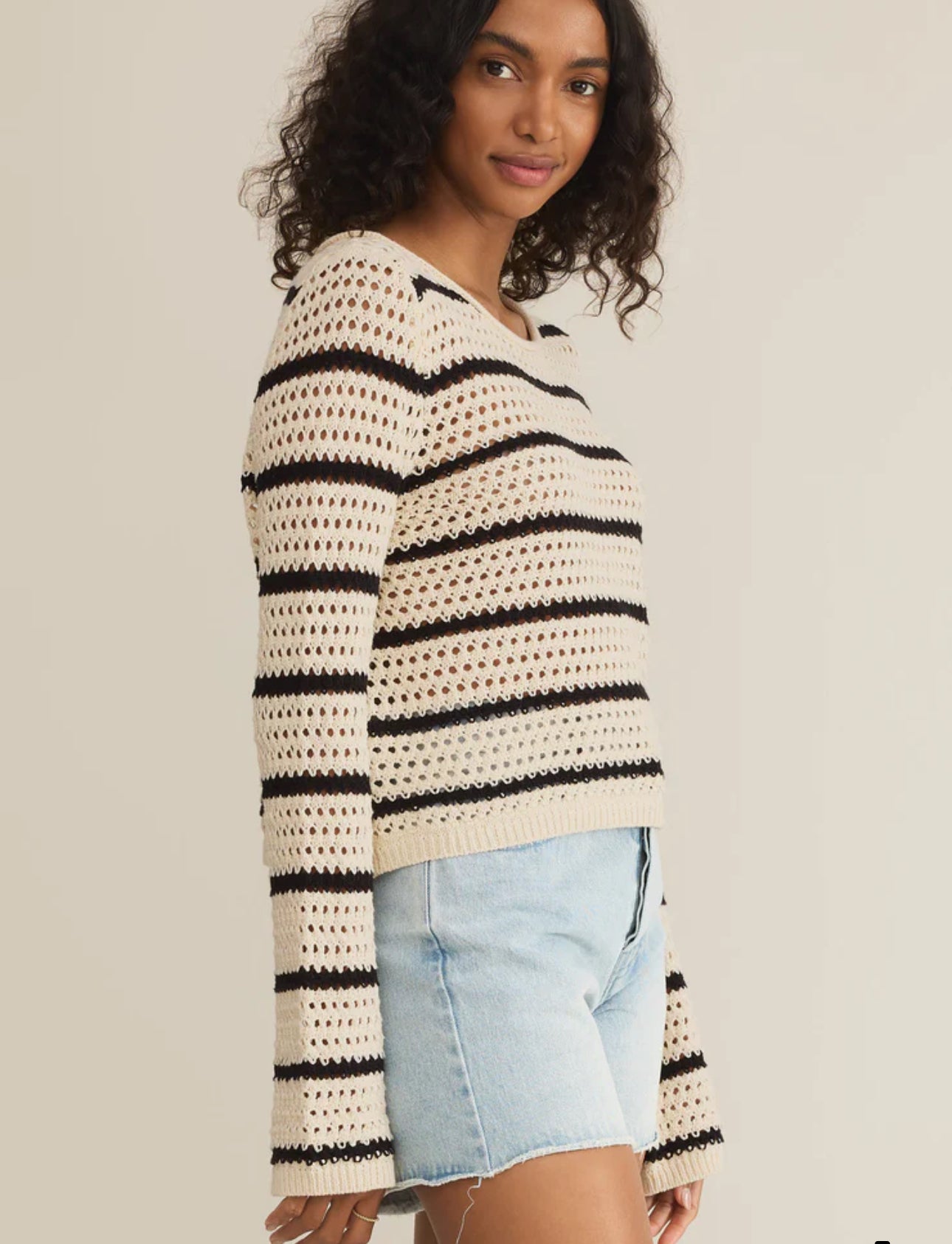 Z SUPPLY KIT STRIPE CROCHET SWEATER IN SEA SALT