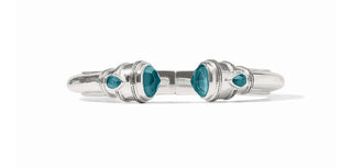Pure silver plate (tarnish-free), imported glass
Inner circumference: 6.8 inches (small), 7.1 inches (medium)
Width: 0.5 inches
Closes with spring hinge
Julie Vos hallmark