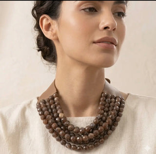 Coastal Statement Necklace | Chunky Acrylic Beads & Layered Faux Leather