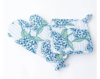 Elegant Blue Hydrangea Stem 100% Cotton Oven Mitt & Potholder Set Or Kitchen Towel