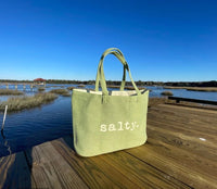This top selling bag is perfect for days on the beach, boat or running errands.  

Durable cotton canvas bag imprinted with the words, "SALTY". Thick & cushioned 12" Shoulder length handles
Light green shown 