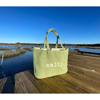 This top selling bag is perfect for days on the beach, boat or running errands.  

Durable cotton canvas bag imprinted with the words, "SALTY". Thick & cushioned 12" Shoulder length handles
Light green shown 