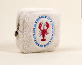 Cozy Sherpa Square Teddy Pouch | Nautical Lobster & Sailboat Travel Bag