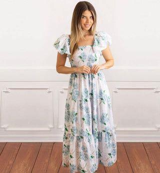 Hydrangea Ribbons Smocked Flutter Sleeve Maxi Dress with Pockets