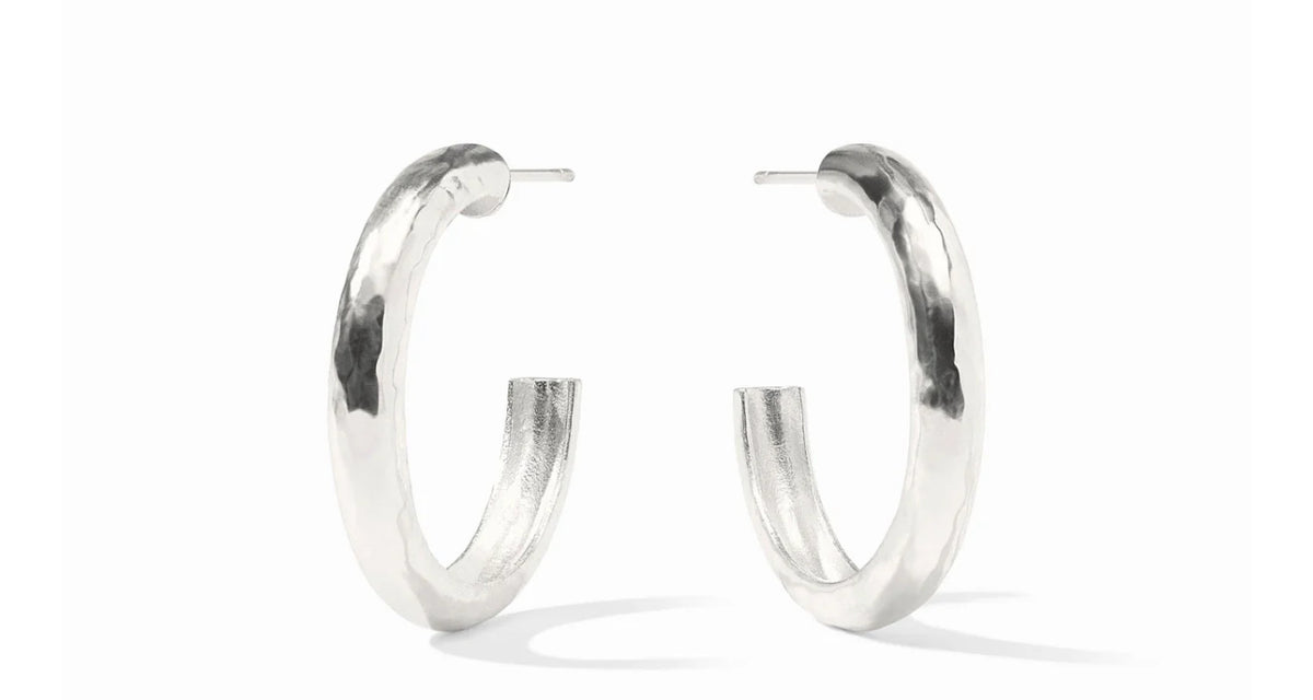 Medium 

Pure silver plate (tarnish-free)
Length: 0.9 inches (small), 1.3 inches (medium), 1.7 inches (large)
Post for pierced ears
Includes pure silver plated earring backs
Julie Vos hallmark