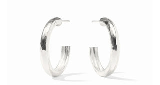 Medium 

Pure silver plate (tarnish-free)
Length: 0.9 inches (small), 1.3 inches (medium), 1.7 inches (large)
Post for pierced ears
Includes pure silver plated earring backs
Julie Vos hallmark