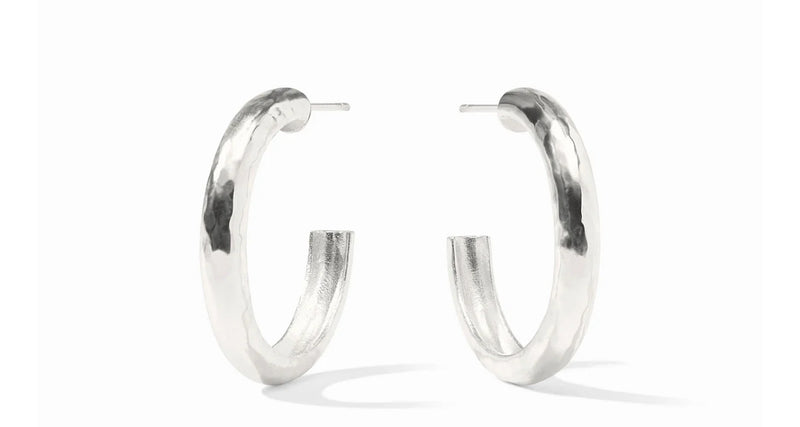 Medium 

Pure silver plate (tarnish-free)
Length: 0.9 inches (small), 1.3 inches (medium), 1.7 inches (large)
Post for pierced ears
Includes pure silver plated earring backs
Julie Vos hallmark
