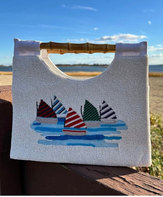 Beaded Sailboat Bamboo Handle Handbag