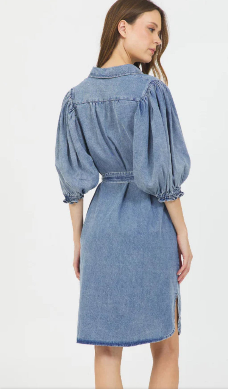 STELLAH DENIM PUFF SLEEVE BUTTON DOWN SHIRT DRESS