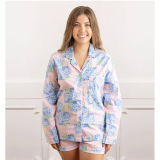 leep in style with our Hydrangea Pink Pajama Set. Crafted from 100% woven cotton, this set is designed to keep you comfortable so you can make the most of your rest. This elegant short set features a button-front long sleeve top & drawstring waist shorts with the classic allure of a blue hydrangea print, making it the perfect choice for any occasion. Slip into your own piece of elegance with our Hydrangea Pink Pajama Set today! 