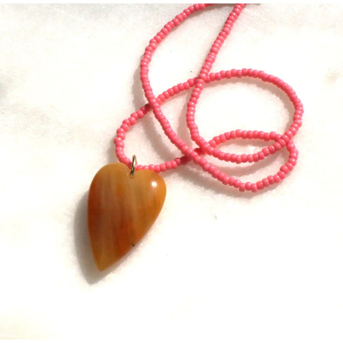 Handmade pink bees with light brown heart necklace