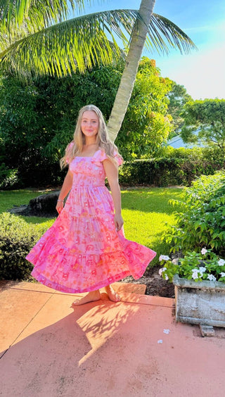 Sunset Toile Smocked Flutter Sleeve Cotton Dress with Pockets