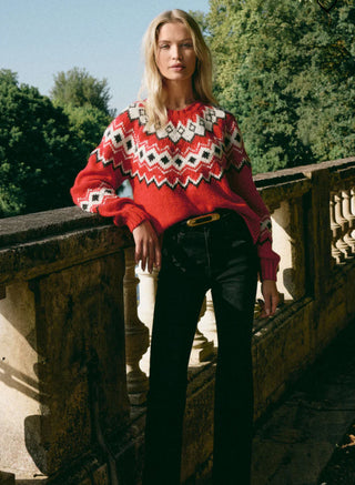 Pullover red sweater with black and white detailing 