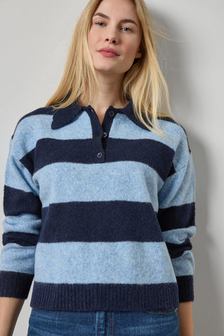 LILLA P Striped Polo Sweater - Clearwater Stripe