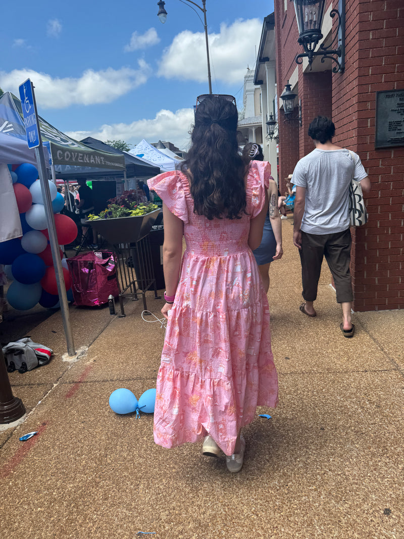 Sunset Toile Smocked Flutter Sleeve Dress