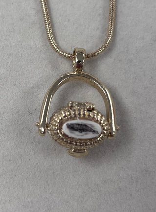 Nantucket Lightship Basket Pendant Necklace with Scrimshaw & Lucky Penny