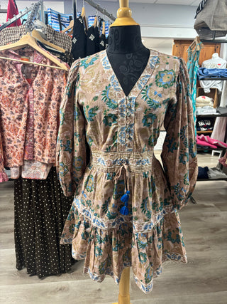 La Plage Brown Block Print Ruffle Dress