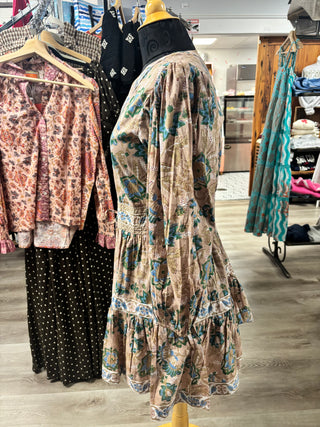 La Plage Brown Block Print Ruffle Dress