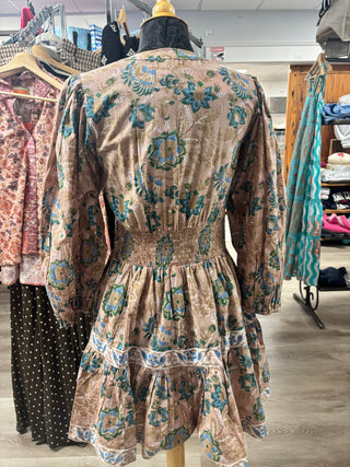 La Plage Brown Block Print Ruffle Dress