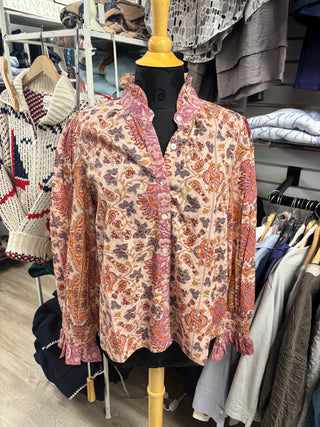 La Plage Ruffled Block Print Cotton Top