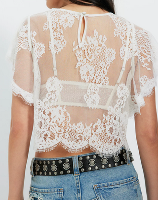 Free People Lunar Ash Cropped Lace Top – Romantic Boho Flutter Blouse