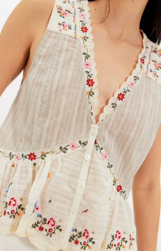 Free People Ellis Embroidered Peplum Blouse | Sleeveless Boho Cotton Top