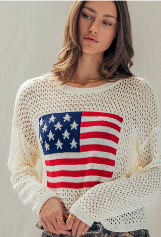 Women's Open Knit American Flag Sweater | Lightweight Patriotic Pullover