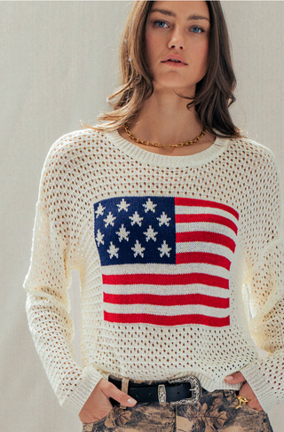 Women's Open Knit American Flag Sweater | Lightweight Patriotic Pullover