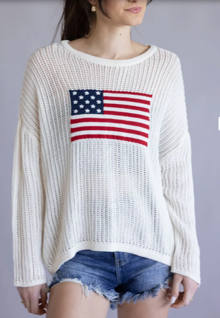 Simply Southern Women's Open Knit American Flag Sweater in Cream | Lightweight Oversized Patriotic Pullover