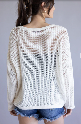 Simply Southern Women's Open Knit American Flag Sweater in Cream | Lightweight Oversized Patriotic Pullover