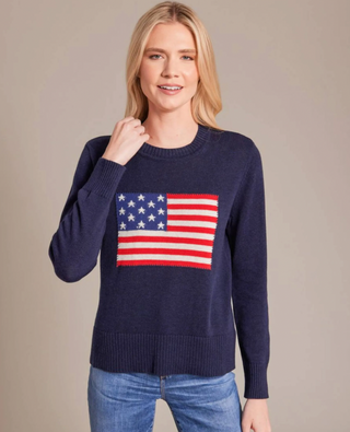 Cotton Cashmere Vintage Flag Intarsia Sweater for Women | Lightweight Patriotic Crewneck Pullover