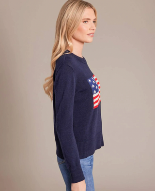 Cotton Cashmere Vintage Flag Intarsia Sweater for Women | Lightweight Patriotic Crewneck Pullover