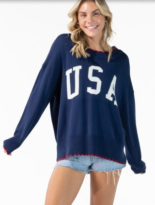 Simply Southern Sweet Girl USA Sweater for Women in Navy | Relaxed Fit Patriotic Knit Sweater