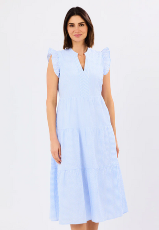 Mary Square Kari Seersucker Tiered Midi Dress - Blue & White
