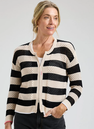 Zaket & Plover Striped Pointelle Zip-Up Cotton Cardigan