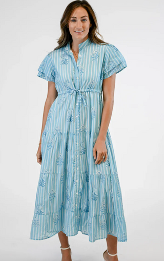 Victoria Dunn Magnolia Flutter Cotton Midi Dress – Bluebell Stripe