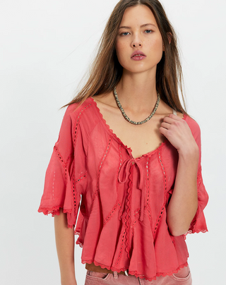 Free People Michelle Blouse: Ethereal Lace Flutter-Sleeve Top