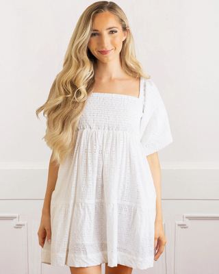 Oak Lane White Eyelet Puff Sleeve Smocked Dress - 100% Cotton Summer Midi
