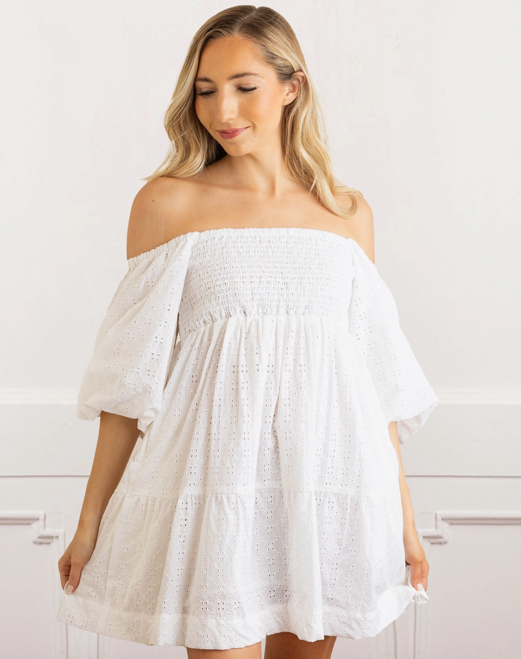 Oak Lane White Eyelet Puff Sleeve Smocked Dress - 100% Cotton Summer Midi