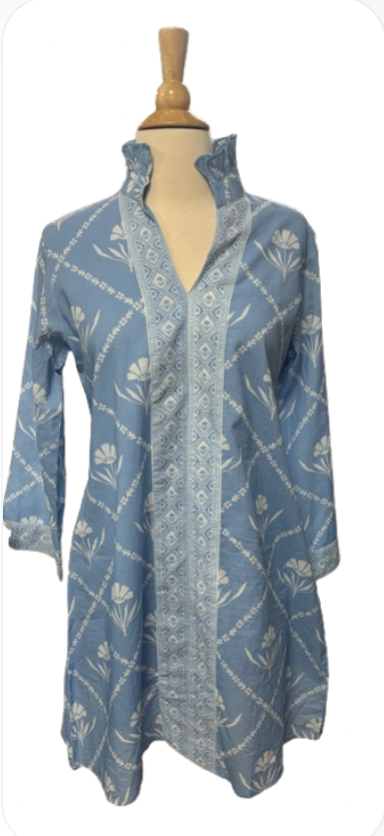 Victoria Dunn Periwinkle Floral Block Print Cotton Midi Dress