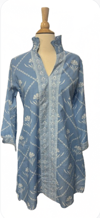 Victoria Dunn Periwinkle Floral Block Print Cotton Midi Dress