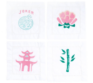 Chic Mahjong Embroidered Cotton Cocktail Napkin Set - Set of 4