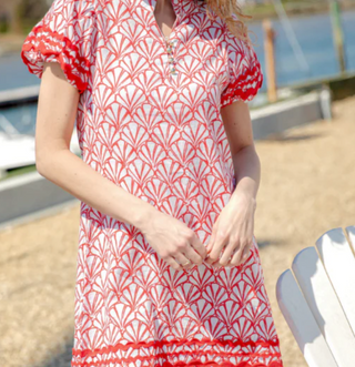 Button Front Puff Sleeve Mini Dress – Red Shell Print