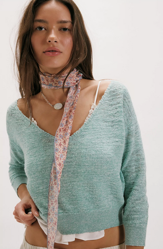 Free People Linen-Blend Cropped V-Neck Sweater
