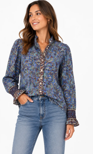 La Plage Ruffled Block Print Cotton Top