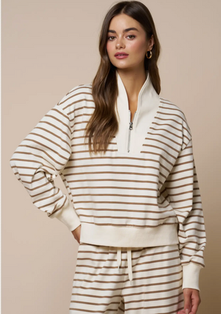 Stripe Zip-Up Sweatshirt & Wide Leg Knit Pant Set - Cream/Taupe