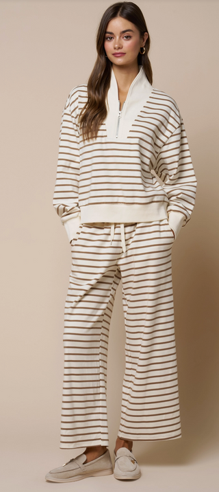 Stripe Zip-Up Sweatshirt & Wide Leg Knit Pant Set - Cream/Taupe