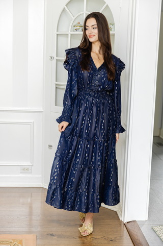 Sail to Sable Navy & Gold Lurex Smocked Waist Midi Dress