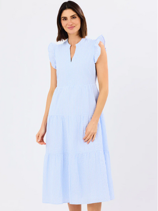 Mary Square Kari Seersucker Tiered Midi Dress - Blue & White