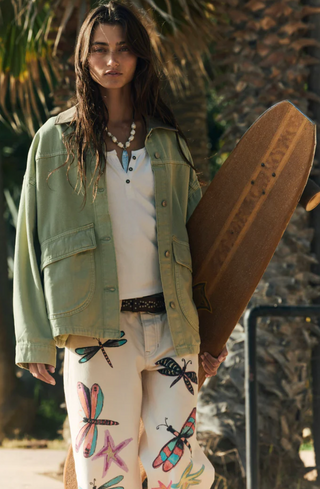 Free People We The Free Lemon Oversized Denim Jacket in Washed Sage